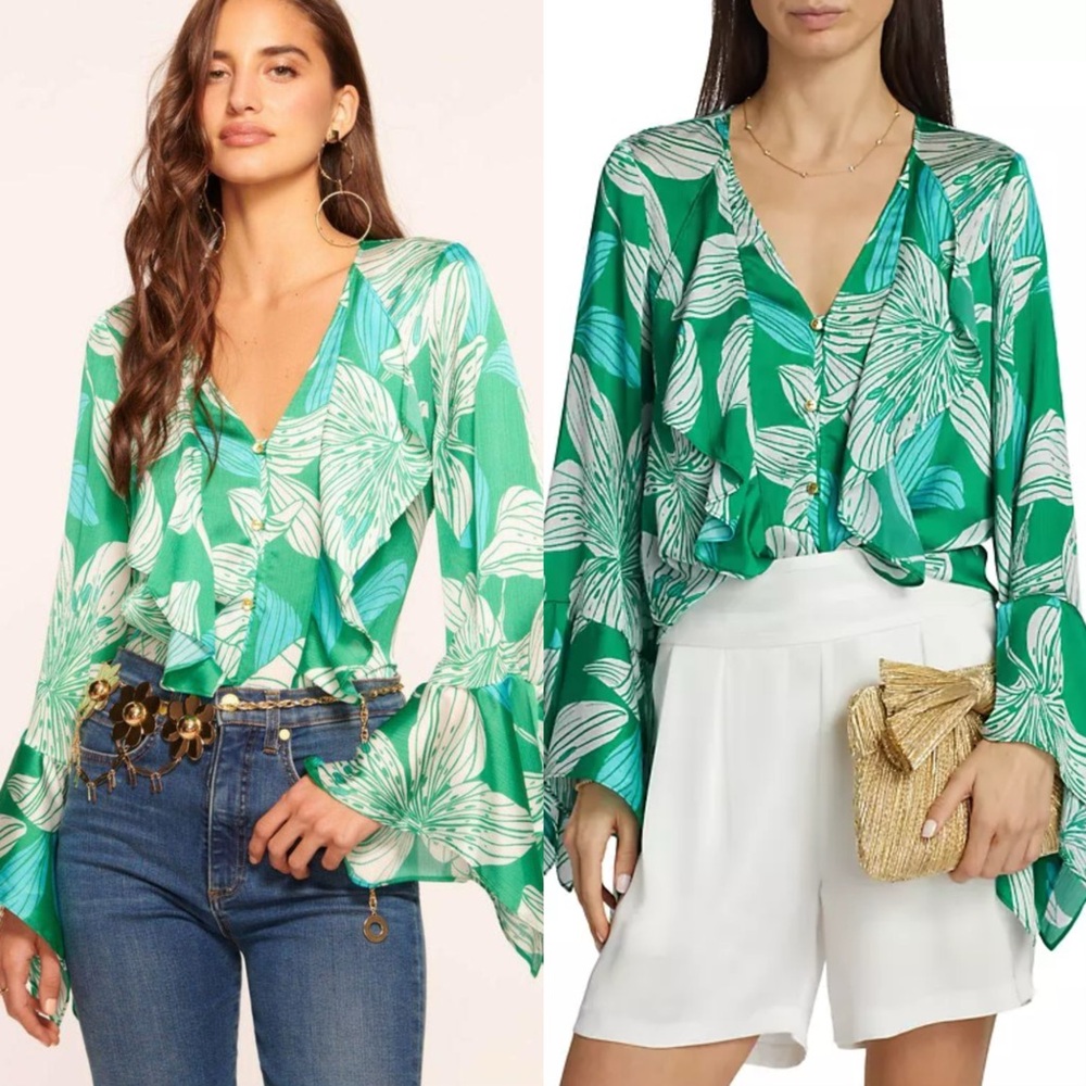 Romantic 💘 $365 Ramy Brook savanna ruffle sleeve lily print blouse size small